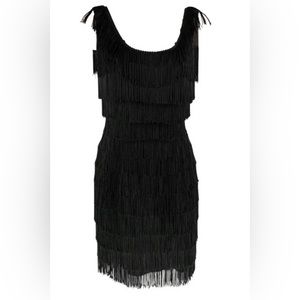 ⚡️Vintage ROBERTA Black Acetate Fringe Knee-Length Cocktail Dress circa 1980s